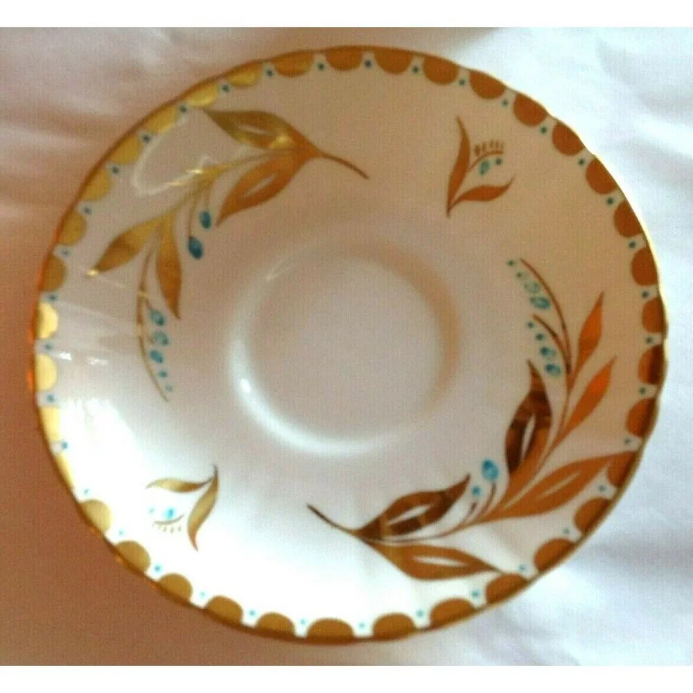 Vintage Royal Grafton – Bone White with Gold Floral & Teal Dots Tea Cup & Saucer